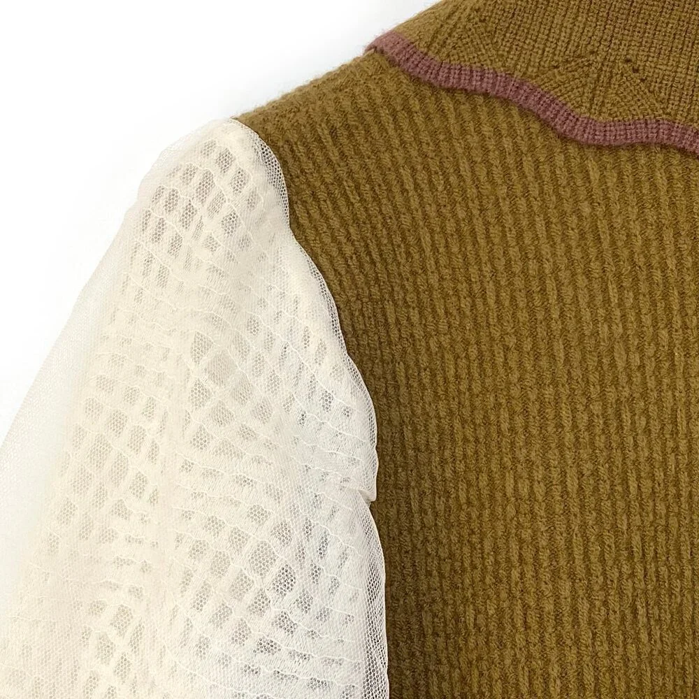 Olive Green Wool Blend Sweater White Mesh Balloon Sleeve S